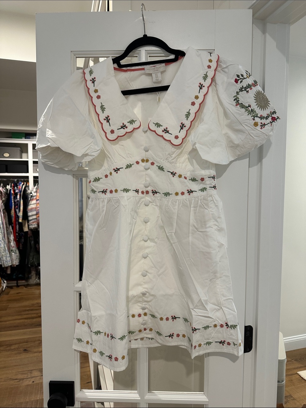 NWT Caroline Constas White Floral Embroidered Puff-Sleeve Buttoned Mini Dress